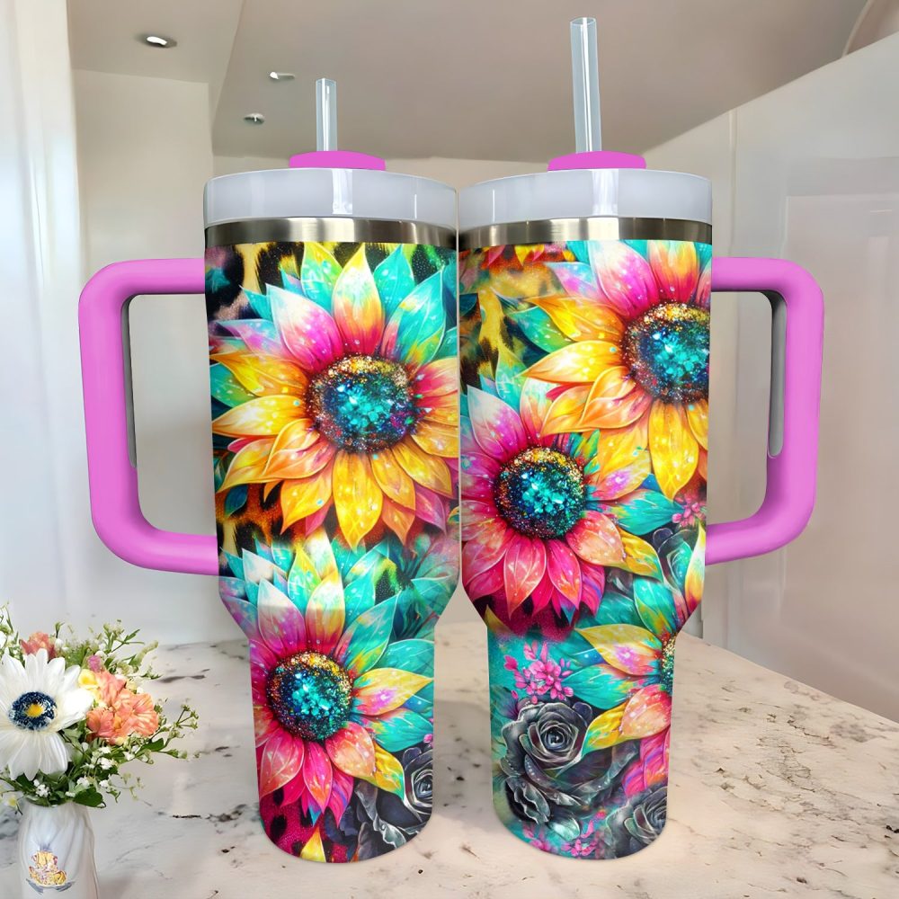 Glitter Sunflower Custom Stanley Quencher 40Oz Stainless Steel Tumbler With Handle - Image 2