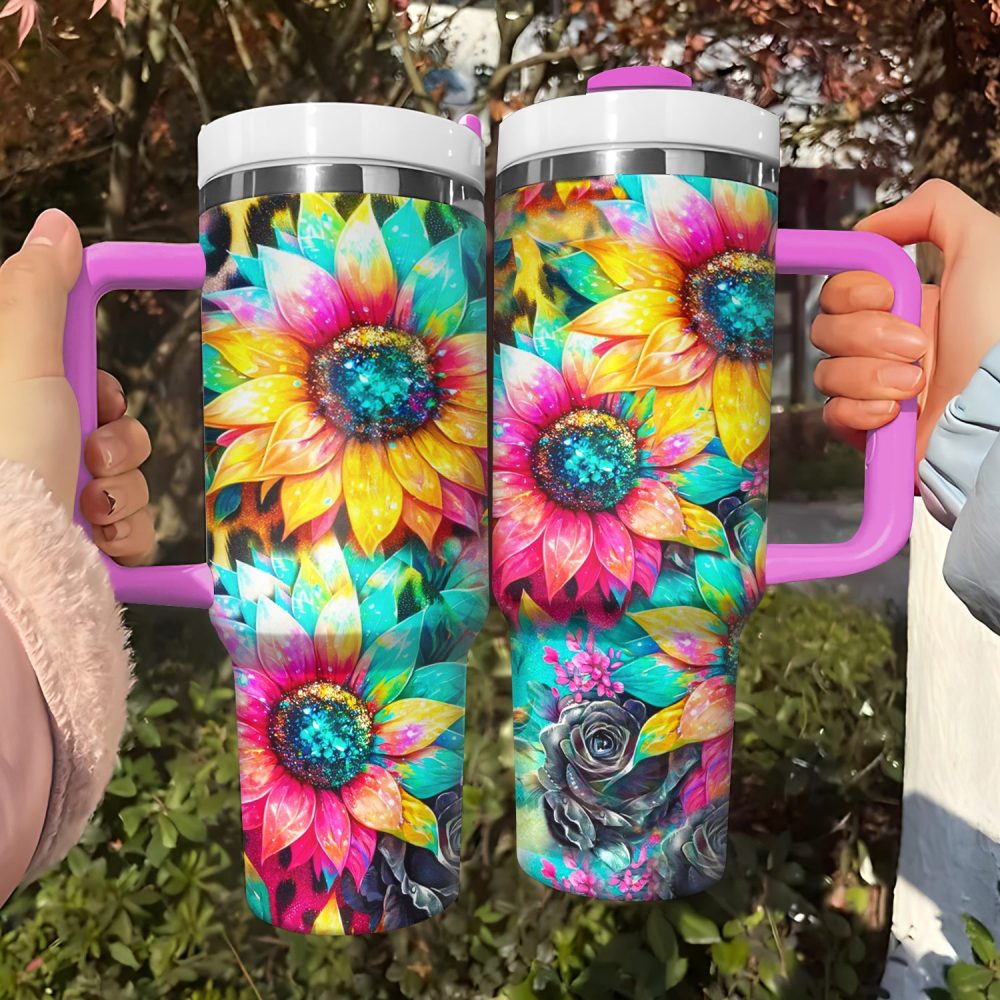 Glitter Sunflower Custom Stanley Quencher 40Oz Stainless Steel Tumbler With Handle