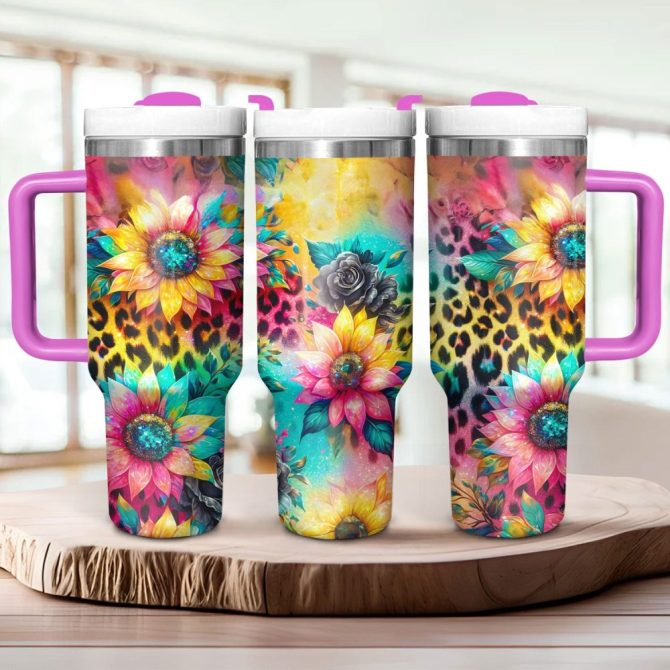 Glitter Sunflowers Custom Stanley Quencher 40Oz Stainless Steel Tumbler With Handle - Image 2