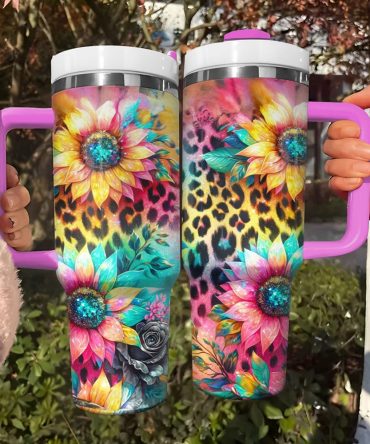 Glitter Sunflowers Custom Stanley Quencher 40Oz Stainless Steel Tumbler With Handle