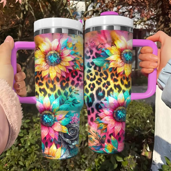 Glitter Sunflowers Custom Stanley Quencher 40Oz Stainless Steel Tumbler With Handle