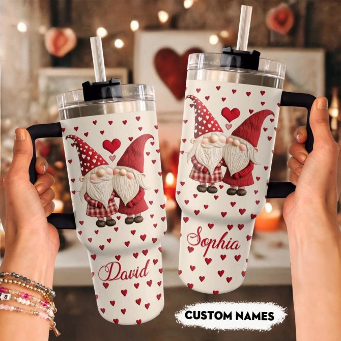 Gnome Love Valentine Custom Stanley Quencher 40Oz Stainless Steel Tumbler With Handle - Image 2