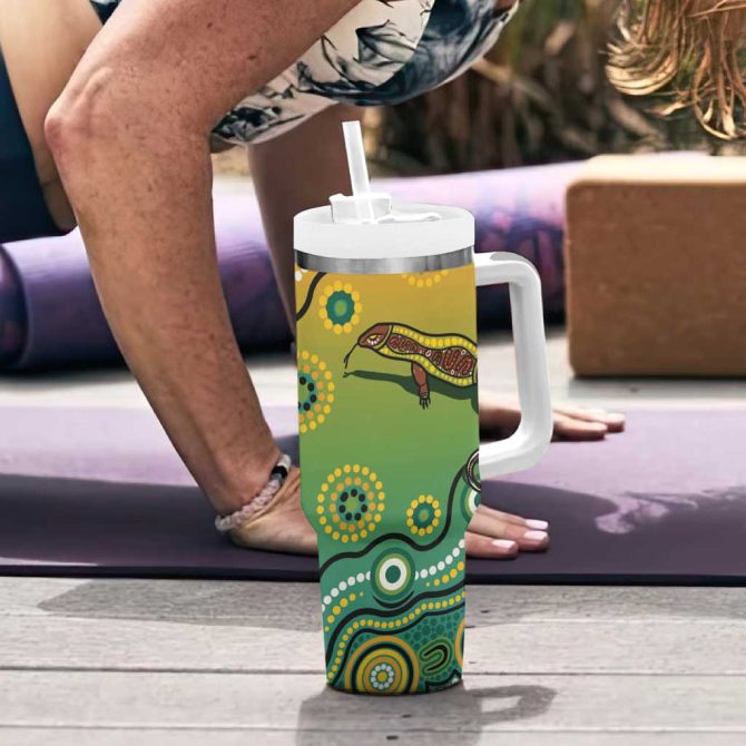 Goanna Aboriginal-Style Dot Artwork Custom Stanley Quencher 40Oz Stainless Steel Tumbler With Handle - Image 6