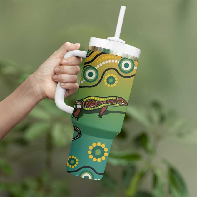 Goanna Aboriginal-Style Dot Artwork Custom Stanley Quencher 40Oz Stainless Steel Tumbler With Handle - Image 4
