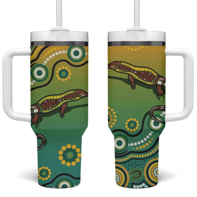 Goanna Aboriginal-Style Dot Artwork Custom Stanley Quencher 40Oz Stainless Steel Tumbler With Handle - Image 2