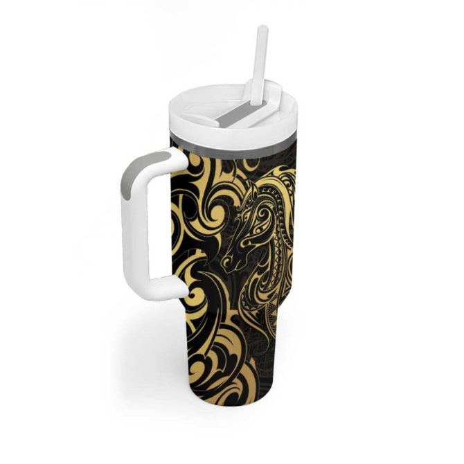 Gold And Black Aoteara Horse Racing Nz Maori Custom Stanley Quencher 40Oz Stainless Steel Tumbler With Handle - Image 2