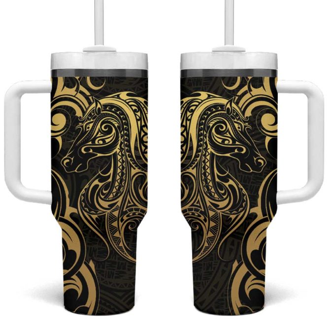 Gold And Black Aoteara Horse Racing Nz Maori Custom Stanley Quencher 40Oz Stainless Steel Tumbler With Handle