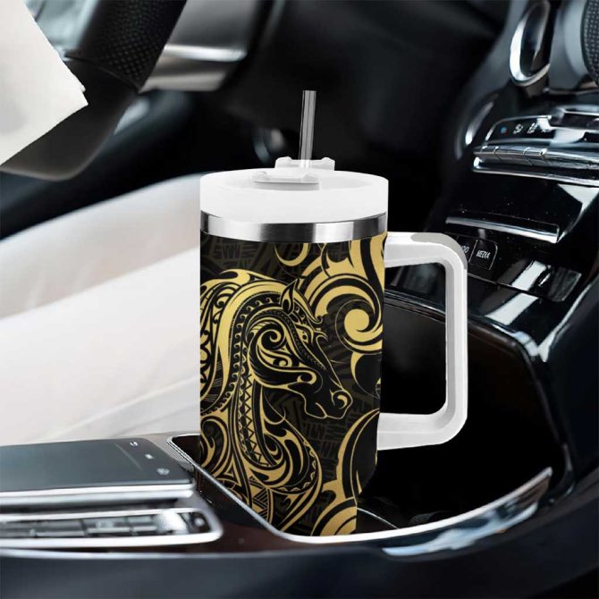 Gold And Black Aoteara Horse Racing Nz Maori Custom Stanley Quencher 40Oz Stainless Steel Tumbler With Handle - Image 8