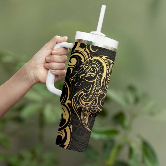 Gold And Black Aoteara Horse Racing Nz Maori Custom Stanley Quencher 40Oz Stainless Steel Tumbler With Handle - Image 3