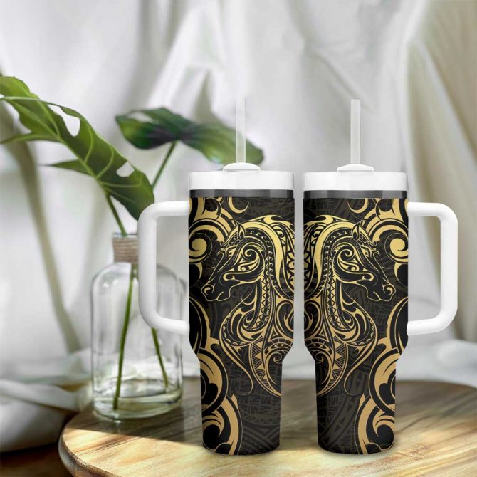 Gold And Black Aoteara Horse Racing Nz Maori Custom Stanley Quencher 40Oz Stainless Steel Tumbler With Handle - Image 9