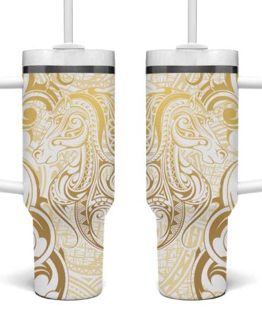 Gold And White Aoteara Horse Racing Nz Maori Custom Stanley Quencher 40Oz Stainless Steel Tumbler With Handle