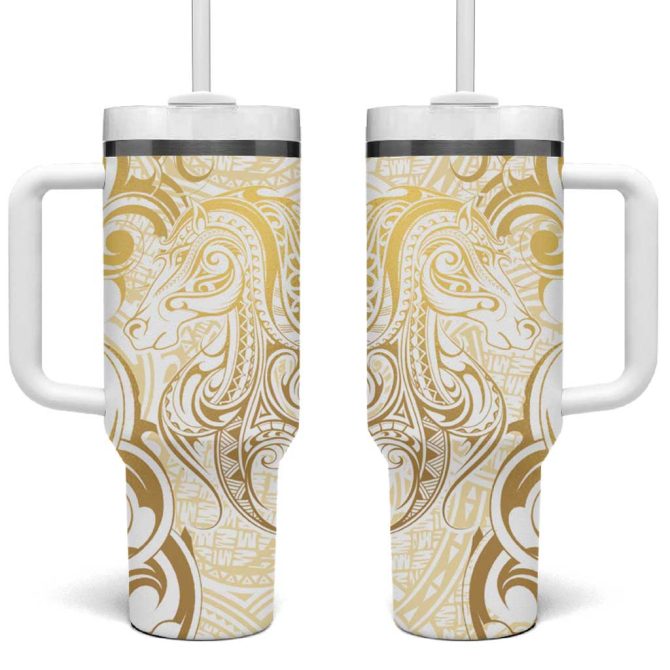Gold And White Aoteara Horse Racing Nz Maori Custom Stanley Quencher 40Oz Stainless Steel Tumbler With Handle