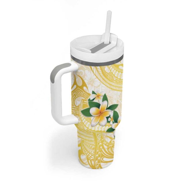 Gold And White Polynesia Plumeria Curves Tropical Custom Stanley Quencher 40Oz Stainless Steel Tumbler With Handle - Image 2