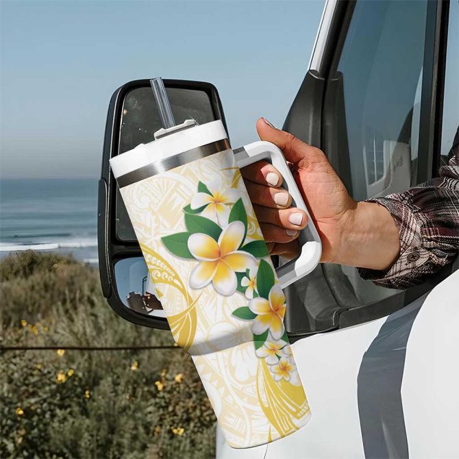 Gold And White Polynesia Plumeria Curves Tropical Custom Stanley Quencher 40Oz Stainless Steel Tumbler With Handle - Image 7