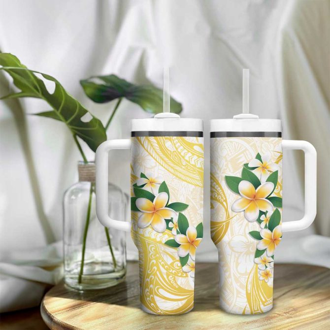 Gold And White Polynesia Plumeria Curves Tropical Custom Stanley Quencher 40Oz Stainless Steel Tumbler With Handle - Image 9