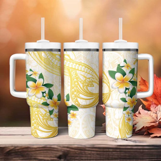 Gold And White Polynesia Plumeria Curves Tropical Custom Stanley Quencher 40Oz Stainless Steel Tumbler With Handle - Image 4