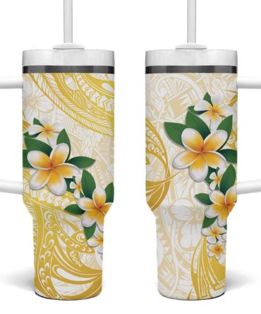 Gold And White Polynesia Plumeria Curves Tropical Custom Stanley Quencher 40Oz Stainless Steel Tumbler With Handle