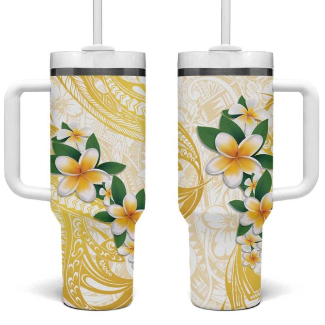 Gold And White Polynesia Plumeria Curves Tropical Custom Stanley Quencher 40Oz Stainless Steel Tumbler With Handle