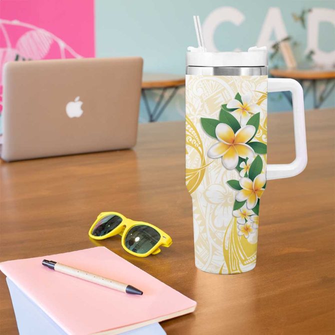 Gold And White Polynesia Plumeria Curves Tropical Custom Stanley Quencher 40Oz Stainless Steel Tumbler With Handle - Image 5