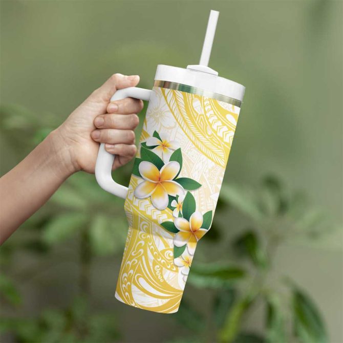 Gold And White Polynesia Plumeria Curves Tropical Custom Stanley Quencher 40Oz Stainless Steel Tumbler With Handle - Image 3
