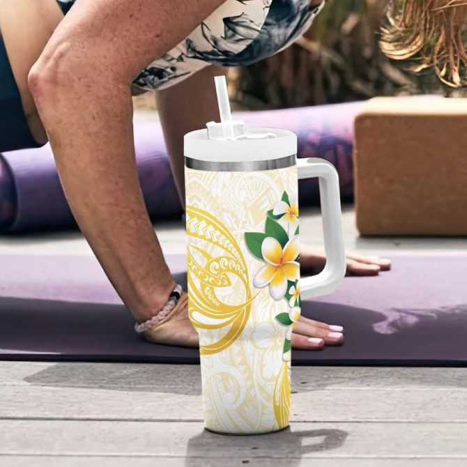 Gold And White Polynesia Plumeria Curves Tropical Custom Stanley Quencher 40Oz Stainless Steel Tumbler With Handle - Image 6