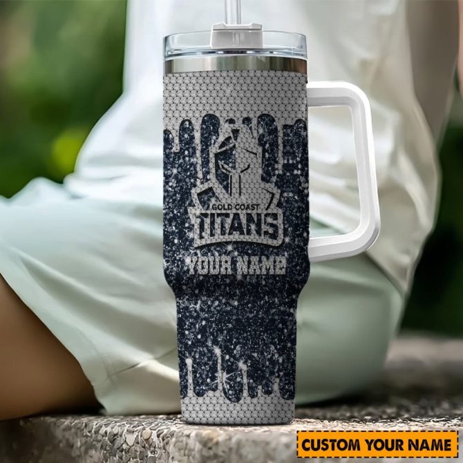 Gold Coast Titans Nrl Sports Glitter Custom Stanley Quencher 40Oz Stainless Steel Tumbler With Handle