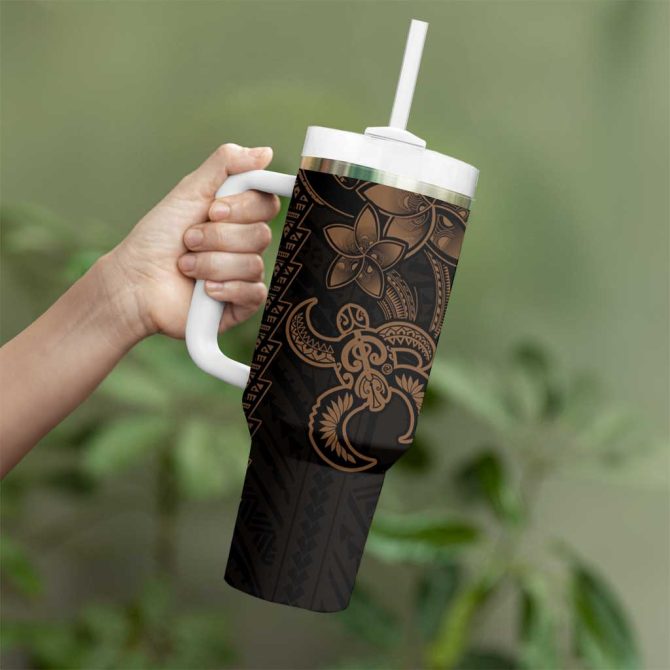Gold Hawaiian Kakau Turtle Polynesian Tribal Custom Stanley Quencher 40Oz Stainless Steel Tumbler With Handle - Image 3