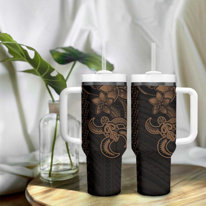 Gold Hawaiian Kakau Turtle Polynesian Tribal Custom Stanley Quencher 40Oz Stainless Steel Tumbler With Handle - Image 9