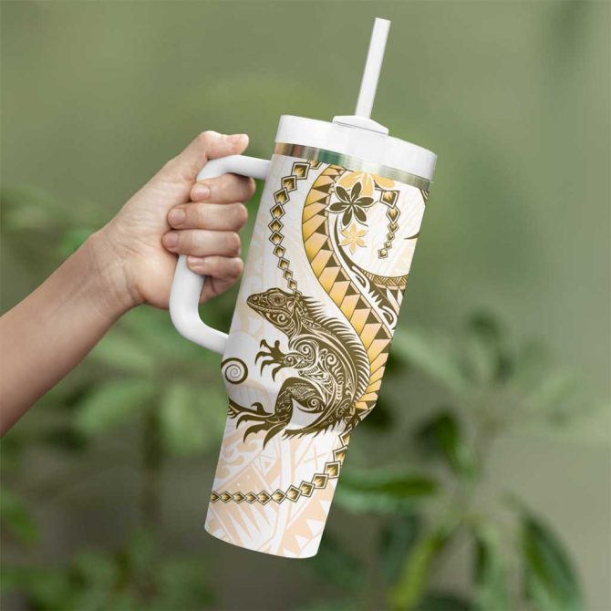 Gold Maori Tuatara Luxury Pastel Custom Stanley Quencher 40Oz Stainless Steel Tumbler With Handle - Image 3