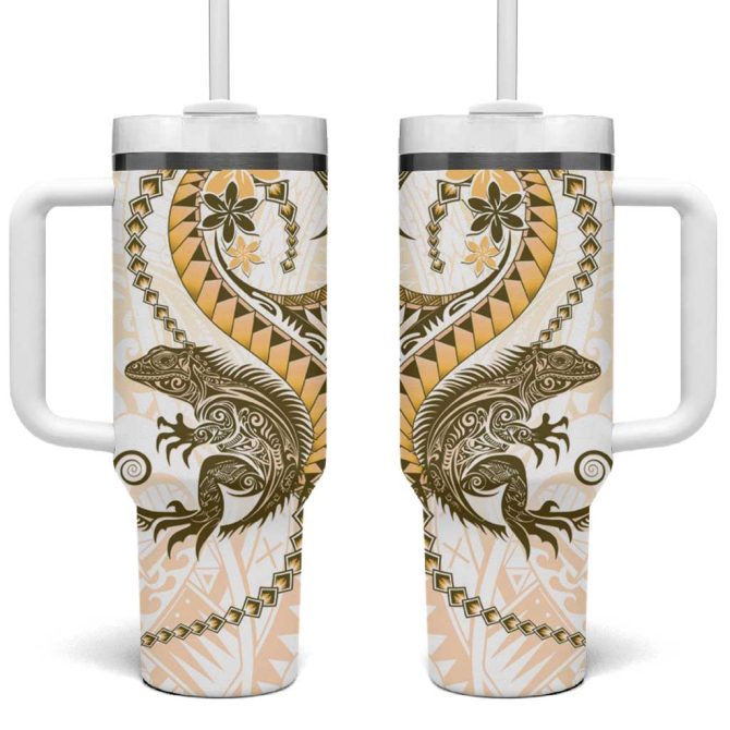 Gold Maori Tuatara Luxury Pastel Custom Stanley Quencher 40Oz Stainless Steel Tumbler With Handle