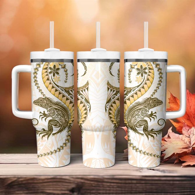 Gold Maori Tuatara Luxury Pastel Custom Stanley Quencher 40Oz Stainless Steel Tumbler With Handle - Image 4
