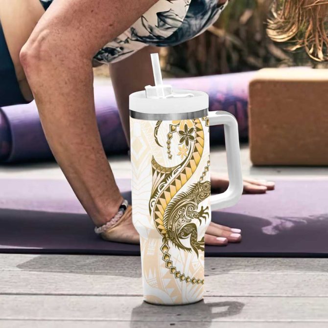 Gold Maori Tuatara Luxury Pastel Custom Stanley Quencher 40Oz Stainless Steel Tumbler With Handle - Image 6