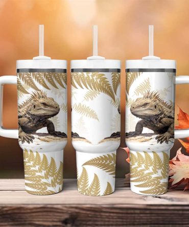 Gold New Zealand Tuatara Aotearoa Sphenodon Punctatus Silver Fern Custom Stanley Quencher 40Oz Stainless Steel Tumbler With Handle