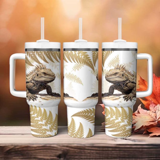 Gold New Zealand Tuatara Aotearoa Sphenodon Punctatus Silver Fern Custom Stanley Quencher 40Oz Stainless Steel Tumbler With Handle