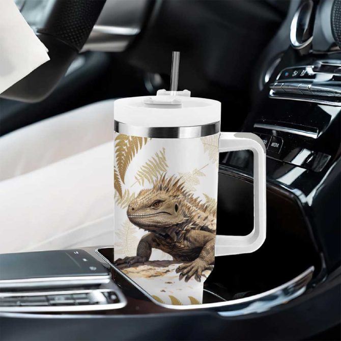Gold New Zealand Tuatara Aotearoa Sphenodon Punctatus Silver Fern Custom Stanley Quencher 40Oz Stainless Steel Tumbler With Handle - Image 8