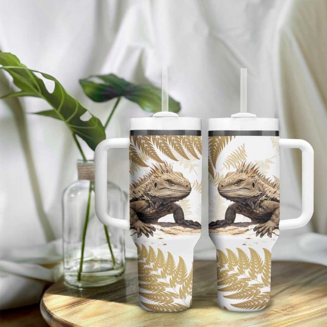 Gold New Zealand Tuatara Aotearoa Sphenodon Punctatus Silver Fern Custom Stanley Quencher 40Oz Stainless Steel Tumbler With Handle - Image 9