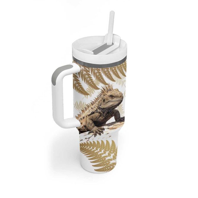 Gold New Zealand Tuatara Aotearoa Sphenodon Punctatus Silver Fern Custom Stanley Quencher 40Oz Stainless Steel Tumbler With Handle - Image 3