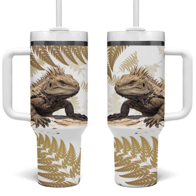 Gold New Zealand Tuatara Aotearoa Sphenodon Punctatus Silver Fern Custom Stanley Quencher 40Oz Stainless Steel Tumbler With Handle - Image 2
