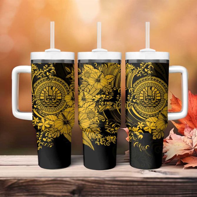 Gold Polynesian Tahiti Island The Wave Of Water Custom Stanley Quencher 40Oz Stainless Steel Tumbler With Handle - Image 4