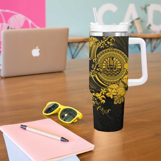Gold Polynesian Tahiti Island The Wave Of Water Custom Stanley Quencher 40Oz Stainless Steel Tumbler With Handle - Image 5