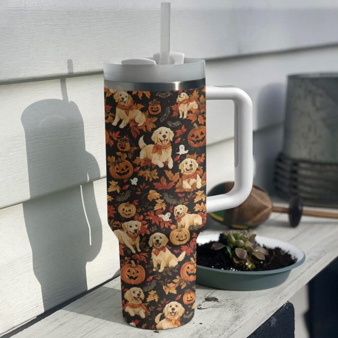 Golden Howl On Halloween Custom Stanley Quencher 40Oz Stainless Steel Tumbler With Handle - Image 3