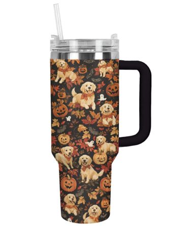 Golden Howl On Halloween Custom Stanley Quencher 40Oz Stainless Steel Tumbler With Handle