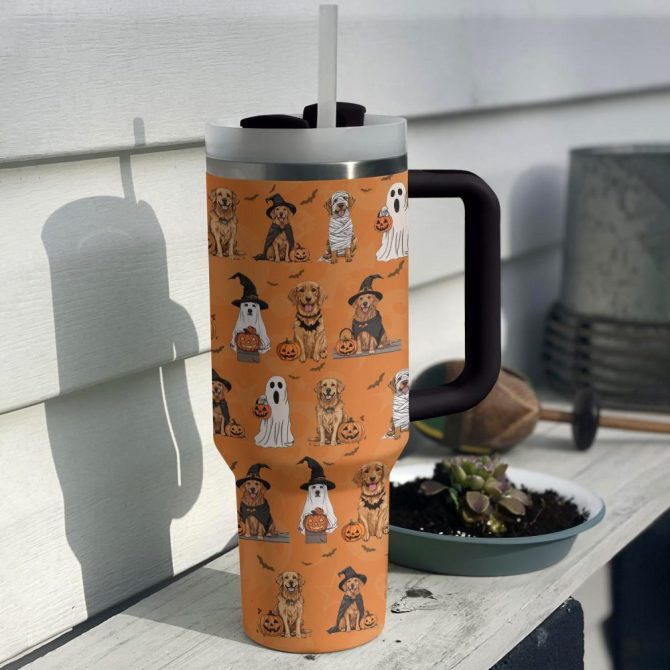 Golden Retriever At Halloween Festival Custom Stanley Quencher 40Oz Stainless Steel Tumbler With Handle - Image 2