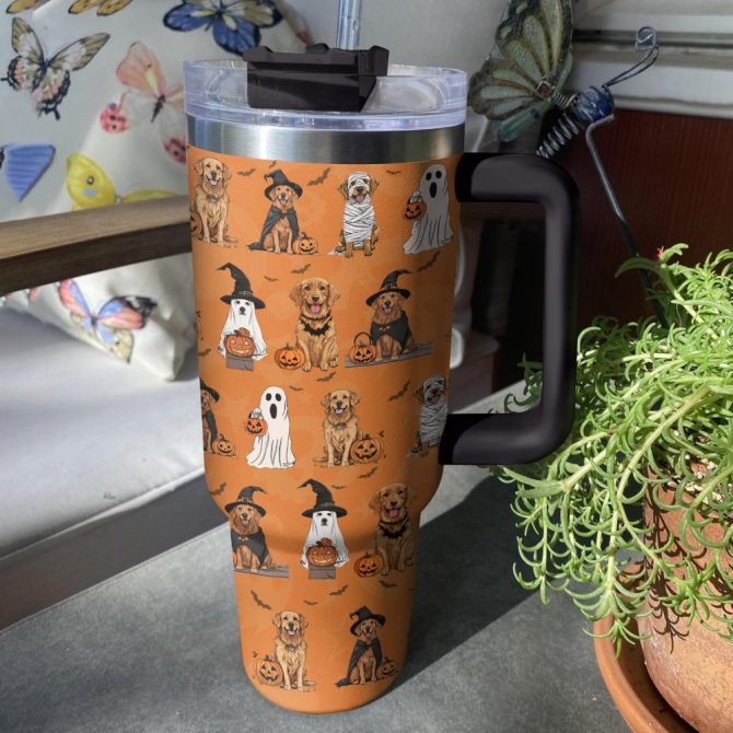 Golden Retriever At Halloween Festival Custom Stanley Quencher 40Oz Stainless Steel Tumbler With Handle - Image 3