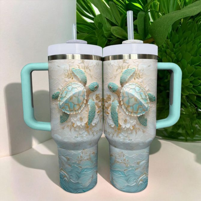 Golden Serenity Sea Turtle Custom Stanley Quencher 40Oz Stainless Steel Tumbler With Handle - Image 2