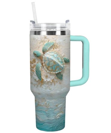 Golden Serenity Sea Turtle Custom Stanley Quencher 40Oz Stainless Steel Tumbler With Handle