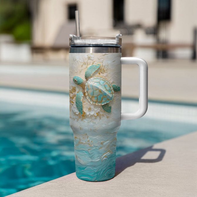 Golden Serenity Sea Turtle Custom Stanley Quencher 40Oz Stainless Steel Tumbler With Handle - Image 3