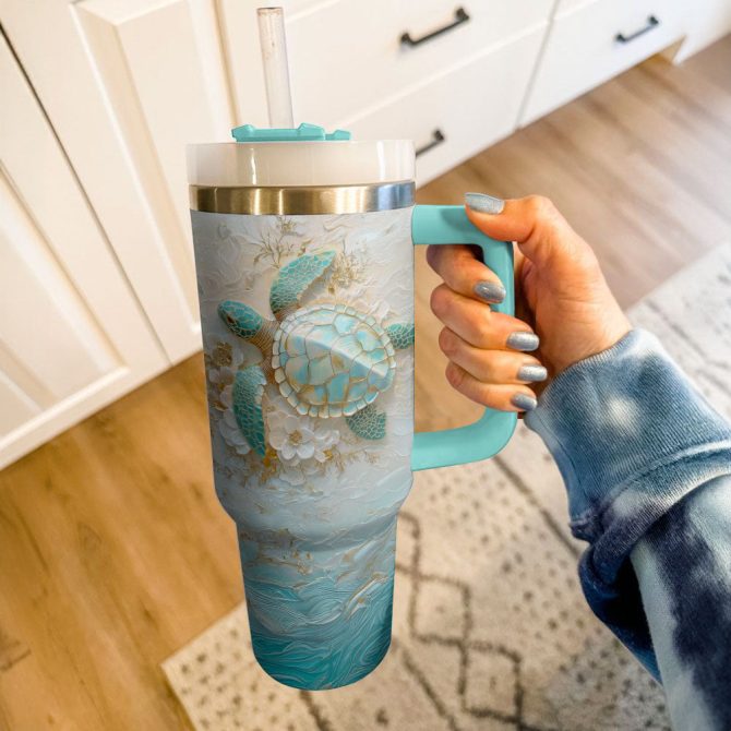 Golden Serenity Sea Turtle Custom Stanley Quencher 40Oz Stainless Steel Tumbler With Handle - Image 4