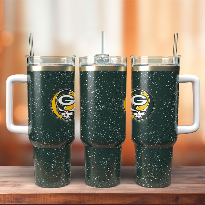Grateful Dead X Green Bay Packers Nfl Custom Stanley Quencher 40Oz Stainless Steel Tumbler With Handle