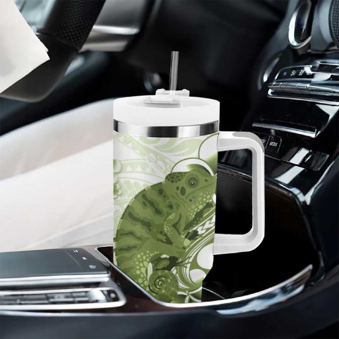 Green And White Hawaii Chameleon Plumeria Polynesian Tribal Art Custom Stanley Quencher 40Oz Stainless Steel Tumbler With Handle - Image 8